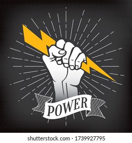 Power Inverted Logo Lettering With Raised Hand Or Fist Holding And Gripping Lightning Bolt Over Rays Circle Symbolizing Super Human Strength - White On Black Background - Vector Hand Drawn Design