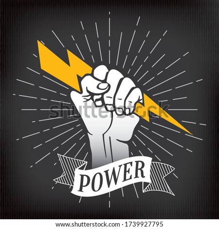 Power Inverted Logo Lettering with Raised Hand or Fist Holding and Gripping Lightning Bolt over Rays Circle Symbolizing Super Human Strength - White on Black Background - Vector Hand Drawn Design