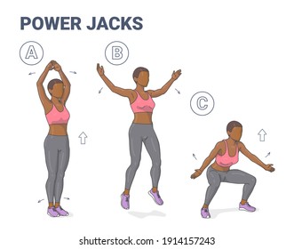 Power Jacks Exercise Black Girl Home Workout Guidance. Power Jumps illustration an African American young woman in sportswear white leggings, lush lava top and sneakers do the Fitness Exercise.