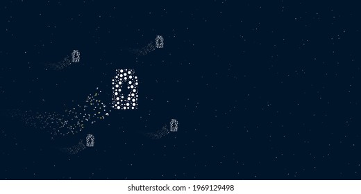 A power jar symbol filled with dots flies through the stars leaving a trail behind. Four small symbols around. Empty space for text on the right. Vector illustration on dark blue background with stars