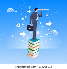 Power of knowledge business concept. Confident businessman in suit with case stand on top of book pile with looking glass. Search for opportunity, contacts, new fields, development.