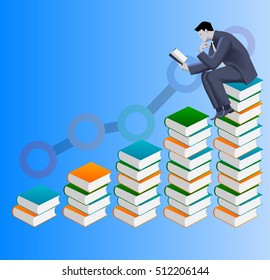 Power of knowledge business concept. Confident businessman in suit read book sitting on top of stack. On background rising graph goes up proportionally to the number of books read
