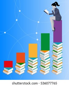 Power of knowledge concept. Confident business woman in suit read book sitting on top of book stack. On background rising graph goes up proportionally to the number of books read