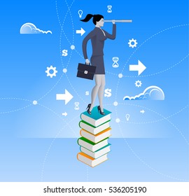 Power of knowledge concept. Confident business woman in suit with case stand on top of book pile with looking glass. Search for opportunity, contacts, new fields, development.