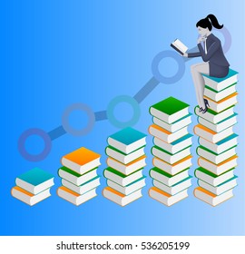 Power of knowledge concept. Confident business woman in suit read book sitting on top of book stack. On background rising graph goes up proportionally to the number of books read