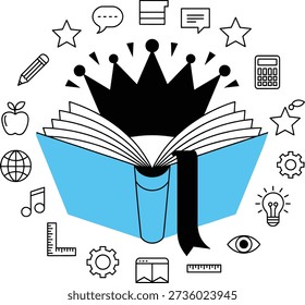 Power of Knowledge Vector Illustration Featuring Open Book with Crown and Education Icons for Web Banner Social Media Business Presentation