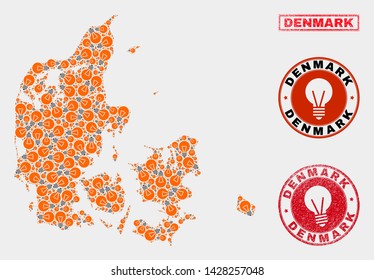 Power lamp mosaic Denmark map and grunge rounded seals. Mosaic vector Denmark map is composed with power lamp symbols. Abstract images for electric business. Orange and red colors used.
