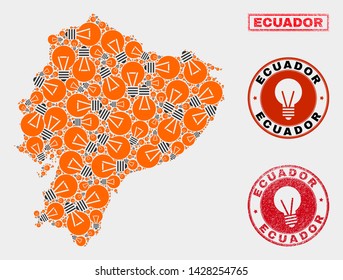 Power lamp mosaic Ecuador map and grunge rounded stamp seals. Mosaic vector Ecuador map is designed with illumination lamp symbols. Abstraction for power supply business. Orange and red colors used.