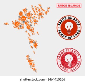 Power lamp mosaic Faroe Islands map and grunge rounded seals. Mosaic vector Faroe Islands map is designed with power bulb elements. Abstraction for patent business. Orange and red colors used.