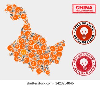 Power lamp mosaic Heilongjiang Province map and rubber rounded seals. Mosaic vector Heilongjiang Province map is composed with idea lamp items. Abstract images for power supply business.