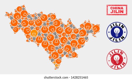 Power lamp mosaic Jilin Province map and grunge round watermarks. Mosaic vector Jilin Province map is created with power lamp items. Templates for patent business. Orange and red colors used.