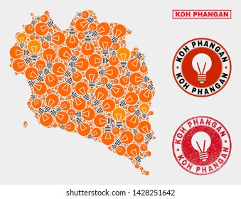 Power lamp mosaic Koh Phangan map and rubber round seals. Mosaic vector Koh Phangan map is created with light lamp symbols. Abstract images for power supply services. Orange and red colors used.