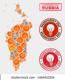 Power lamp mosaic Krasnoyarskiy Kray map and rubber rounded stamp seals. Mosaic vector Krasnoyarskiy Kray map is created with imagination lamp symbols. Concept for innovation services.