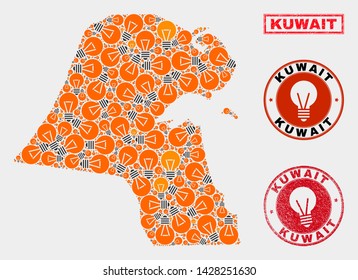 Power lamp mosaic Kuwait map and grunge rounded stamps. Mosaic vector Kuwait map is composed with power lamp elements. Templates for patent business. Orange and red colors used.