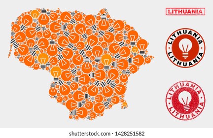 Power lamp mosaic Lithuania map and rubber round watermarks. Mosaic vector Lithuania map is composed with illumination lamp items. Abstract images for patent services. Orange and red colors used.