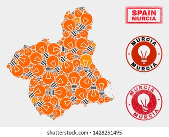 Power lamp mosaic Murcia Province map and rubber round stamps. Mosaic vector Murcia Province map is created with idea lamp items. Abstract images for patent services. Orange and red colors used.