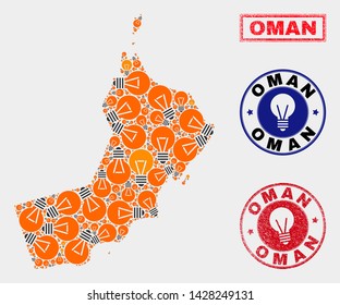 Power lamp mosaic Oman map and rubber rounded seals. Mosaic vector Oman map is designed with light lamp icons. Templates for power supply business. Orange and red colors used.