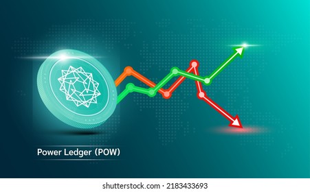 Power Ledger coin green. Cryptocurrency token symbol with stock market investment trading graph green and red. Economic trends business concept. 3D Vector illustration.