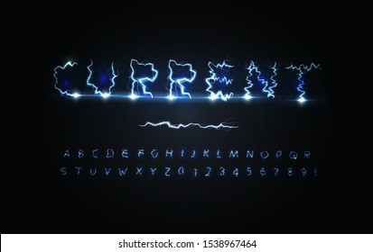 СConjunto de letras y números de potencia actuales. Rayos azules, estilo de Clima tormentoso, alfabeto eléctrico. Diseño de tipografía de Vector.