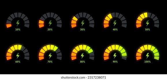 Power level indicator animation. Energy meter, battery gauge bar and animated charging progress with percentage vector template. Measurement panel for energy control, vehicle dashboard