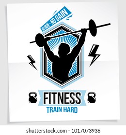 Power lifting competition poster created with vector illustration of muscular bodybuilder holding barbell sport equipment. No pain, no gain quote.