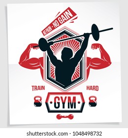 Power lifting competition poster created with vector illustration of muscular bodybuilder holding barbell sport equipment. No pain, no gain quote.