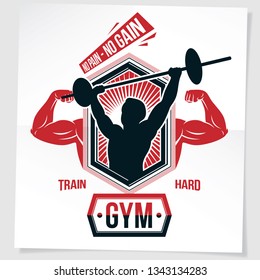 Power lifting competition poster created with vector illustration of muscular bodybuilder holding barbell sport equipment. No pain, no gain quote.