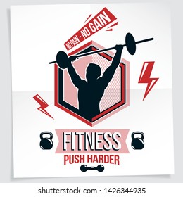 Power lifting competition poster created with vector illustration of muscular bodybuilder holding barbell sport equipment. No pain, no gain quote.