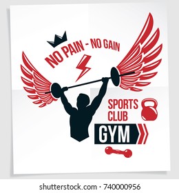 Power lifting competition poster created with vector illustration of muscular bodybuilder holding barbell sport equipment. No pain, no gain quote.