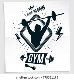 Power lifting competition poster created with vector illustration of muscular bodybuilder holding barbell sport equipment. No pain, no gain quote.