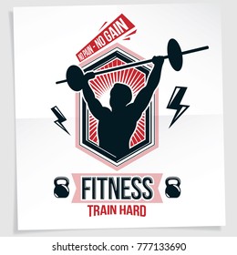 Power lifting competition poster created with vector illustration of muscular bodybuilder holding barbell sport equipment. No pain, no gain quote.