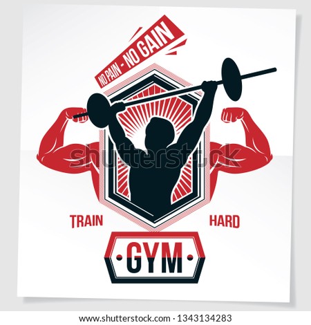 Power lifting competition poster created with vector illustration of muscular bodybuilder holding barbell sport equipment. No pain, no gain quote.