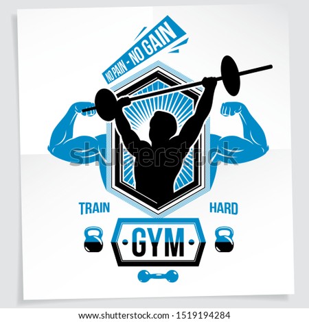 Power lifting competition poster created with vector illustration of muscular bodybuilder holding barbell sport equipment. No pain, no gain quote.
