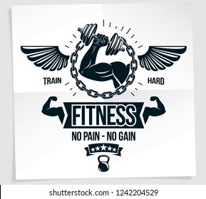 Power lifting competition poster. Vector composition of muscular bodybuilder arm holds disc weight dumbbell sport equipment. No pain, no gain writing.
