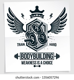 Power lifting competition vector poster composed using disc weight dumbbell and wings. Weakness is a choice lettering. 