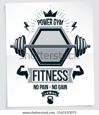 Power lifting competition vector poster composed with barbell sport equipment and other graphic vector elements. No pain, no gain lettering.