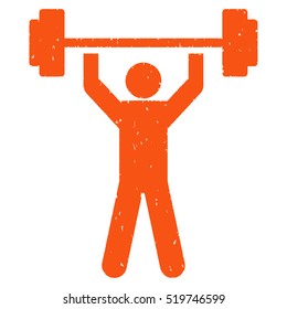 Power Lifting grainy textured orange icon for overlay watermark stamps. Flat symbol with scratched texture. Dotted vector ink rubber seal stamp with grunge design on a white background.