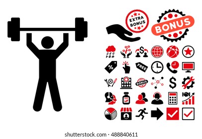 Power Lifting icon with bonus elements. Vector illustration style is flat iconic bicolor symbols, intensive red and black colors, white background.