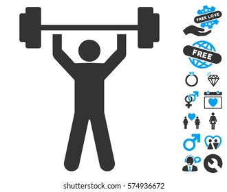 Power Lifting icon with bonus love icon set. Vector illustration style is flat iconic blue and gray symbols on white background.