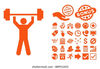 Power Lifting icon with bonus symbols. Vector illustration style is flat iconic symbols, orange color, white background.