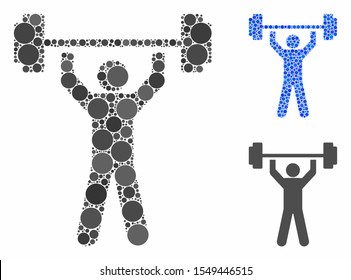 Power lifting mosaic of filled circles in different sizes and color tints, based on power lifting icon. Vector random circles are composed into blue mosaic.