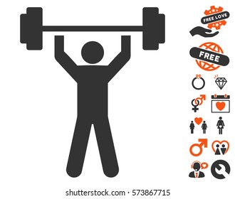 Power Lifting pictograph with bonus lovely graphic icons. Vector illustration style is flat iconic orange and gray symbols on white background.