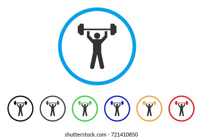 Power Lifting rounded icon. Style is a flat power lifting grey symbol inside light blue circle with black, gray, green, blue, red, orange color versions.