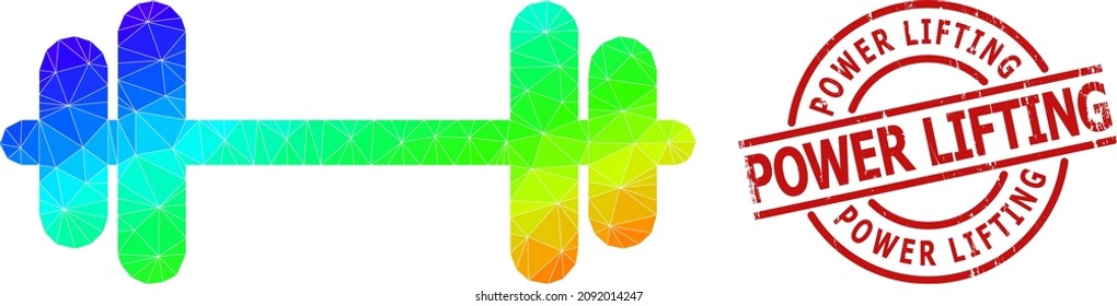 Sello arañado de elevación de potencia e icono de barbacoa de color espectral bajo con gradiente. El sello rojo incluye la etiqueta POWER LIFTING dentro del círculo y la forma de líneas.