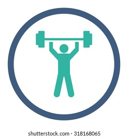 Power lifting vector icon. This rounded flat symbol is drawn with cobalt and cyan colors on a white background.