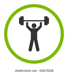 Power lifting vector icon. This rounded flat symbol is drawn with eco green and gray colors on a white background.