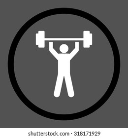 Power lifting vector icon. This rounded flat symbol is drawn with black and white colors on a gray background.