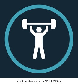Power lifting vector icon. This rounded flat symbol is drawn with blue and white colors on a dark blue background.