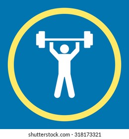 Power lifting vector icon. This rounded flat symbol is drawn with yellow and white colors on a blue background.