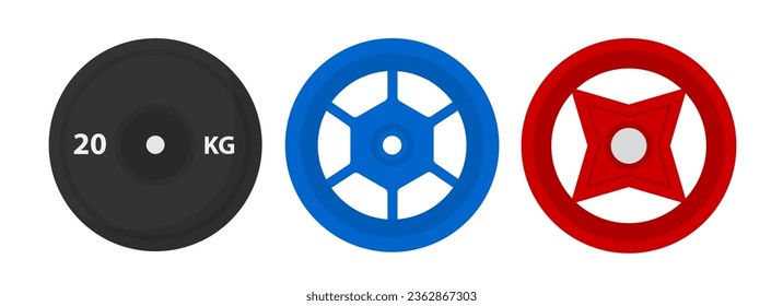 Power lighting and working out equipment and weight adjusting for barbells. Isolated set for training for bodybuilding, light and heavy twenty kilogram circle. Vector in flat style illustration
